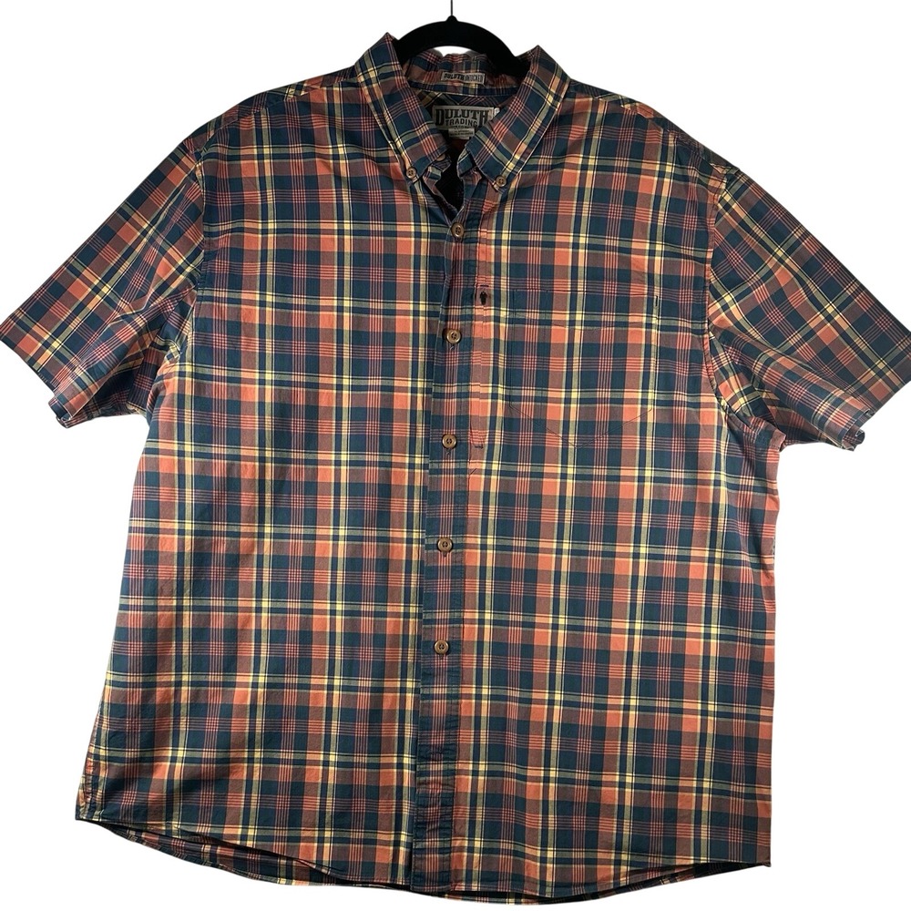 Duluth Untucked Men's Short Sleeve Relaxed Fit Blue Yellow Orange Plaid Size XL